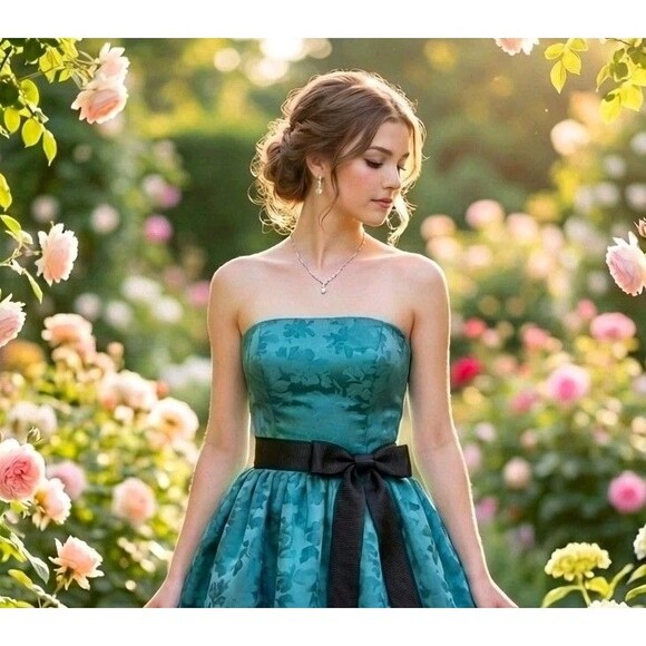 Y2K Vintage Jessica McClintock Gunne Sax Aqua Coquette Floral Mini Prom Dress 3 - Picture 5 of 8